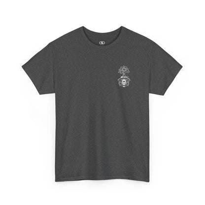 A dark heather t-shirt with a skull and crossbones vase filled with roses and the words “Surviving Purely Out of Spite” in a gothic font.
