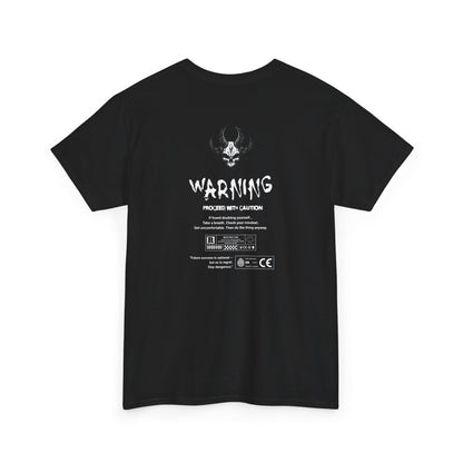 Black tee with “FEAR NOTHING” text on front; back features skull graphic and motivational warning text about doubt, mindset, and staying dangerous.