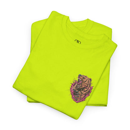 A folded safety green T-shirt with a graphic of a raging bear ripping through the fabric, growling, with claws out and red eyes.