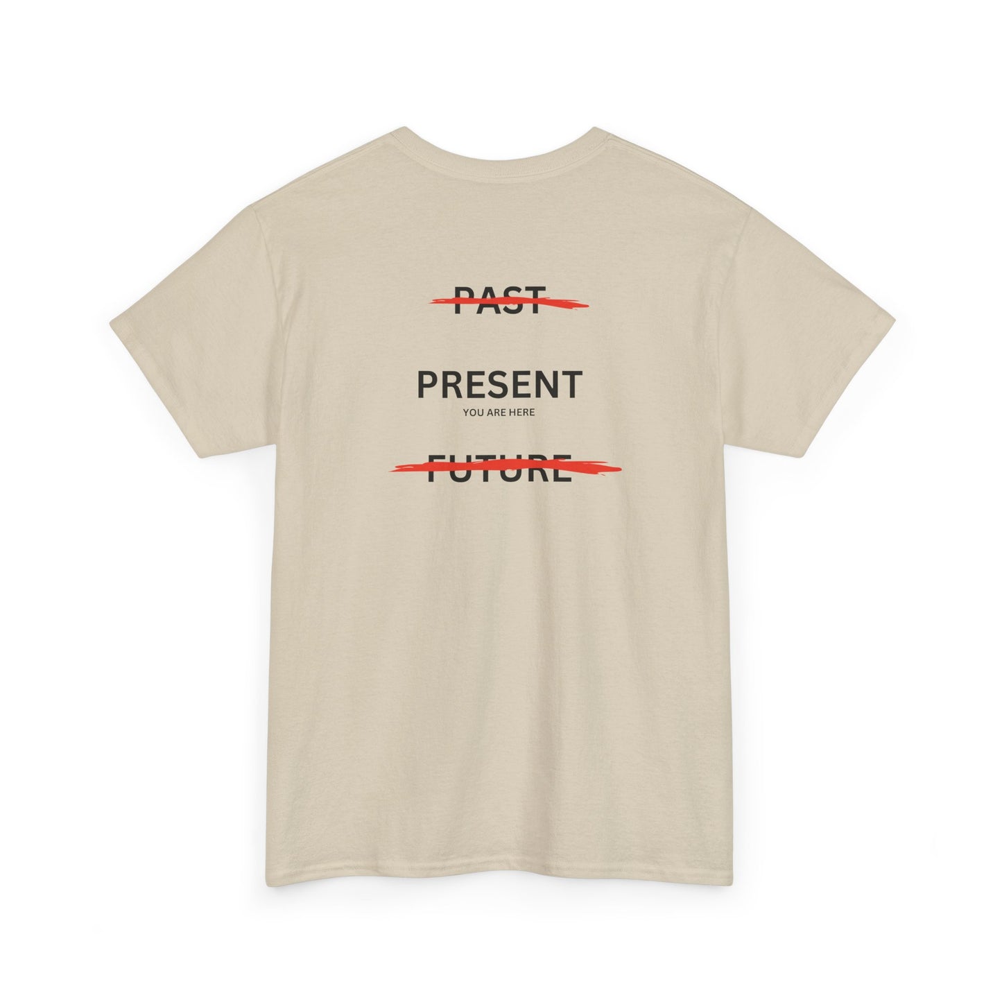  Back of a t-shirt with a design illustrating the importance of the present: the word 'Past' is crossed out, followed by 'Present' and the phrase 'you are here', and finally the word 'Future' is also crossed out.