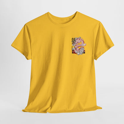 Front of a t-shirt featuring a fierce, stylized dragon in red, black, and white on the left chest area.