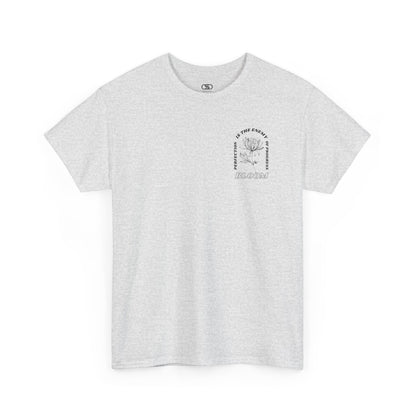 An [Ash gray] t-shirt with a central flower design and the words “Perfection is the enemy of progress” and “Bloom” underneath it the phrase "Consistent effort breeds greatness." 
