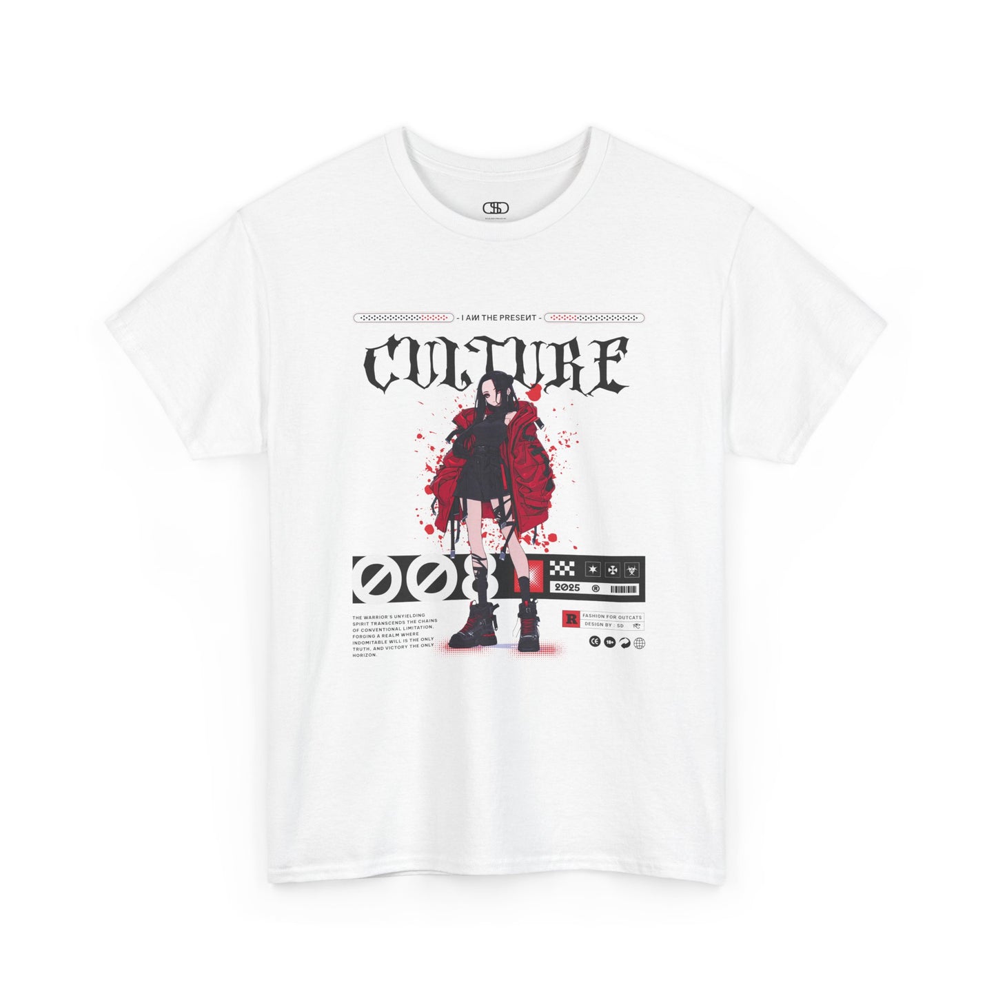 A white T-shirt with a futuristic female anime character, "I Am The Present" and "Culture" text, and an inspirational memo.