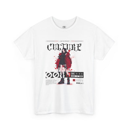 A white T-shirt with a futuristic female anime character, "I Am The Present" and "Culture" text, and an inspirational memo.