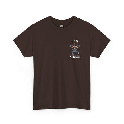A dark brown t-shirt with a woman lifting weights on the front with "I am strong" and a larger design on the back stating “Strong is beautiful.”