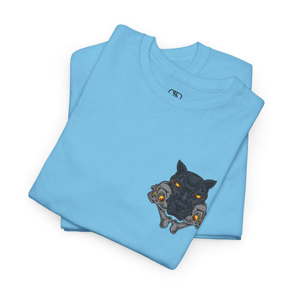 A folded sky blue T-shirt with a daring dog graphic biting two skulls, all with glowing molten lava-like eyes.