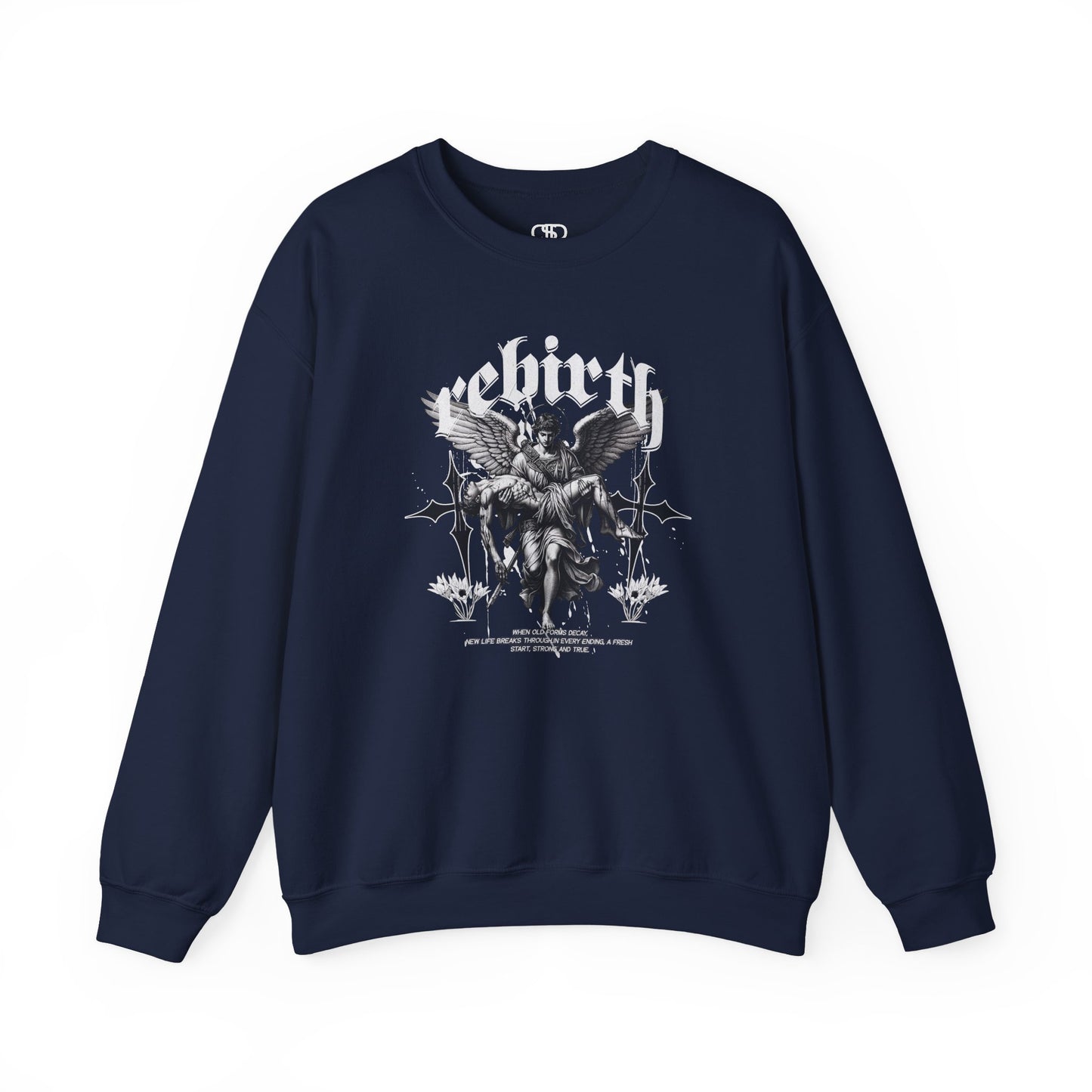 A Navy Blue Sweater featuring an Angel carrying a figure with "Rebirth" text, white and black gothic spiritual art apparel.