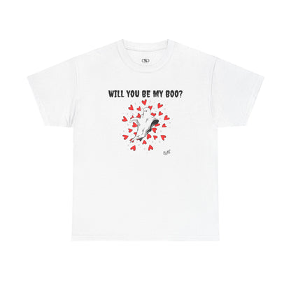  A t-shirt featuring a cute floating ghost surrounded by bursting hearts. At the top of the design, the text reads, "Will You Be my Boo?"