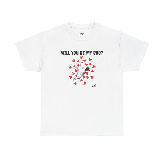  A t-shirt featuring a cute floating ghost surrounded by bursting hearts. At the top of the design, the text reads, "Will You Be my Boo?"