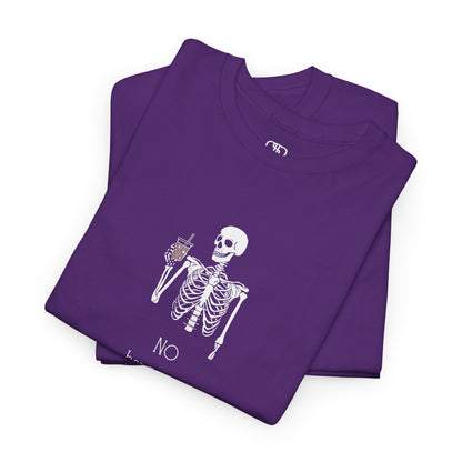 A folded purple  T-shirt with a skeleton holding a drink graphic and "No Hangovers" text.