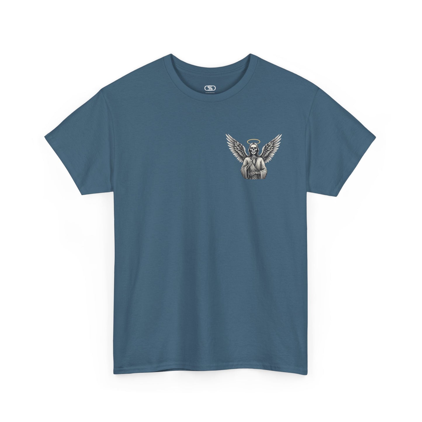 A t-shirt with a skeleton angel on the front and the phrase “Shh. No one Cares” on the back.