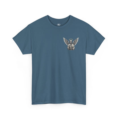 A t-shirt with a skeleton angel on the front and the phrase “Shh. No one Cares” on the back.
