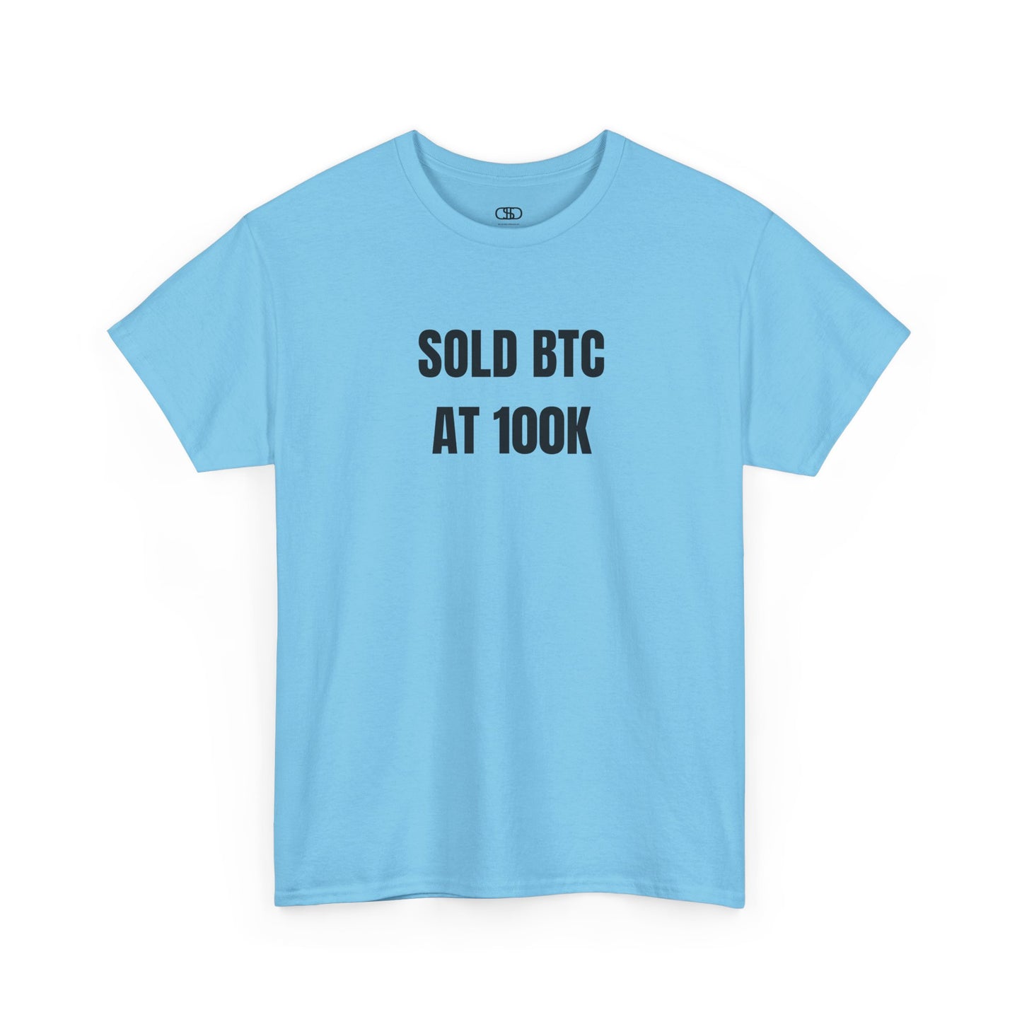 A SKY BLUE T-shirt with bold text "SOLD BTC At 100K" on the front.