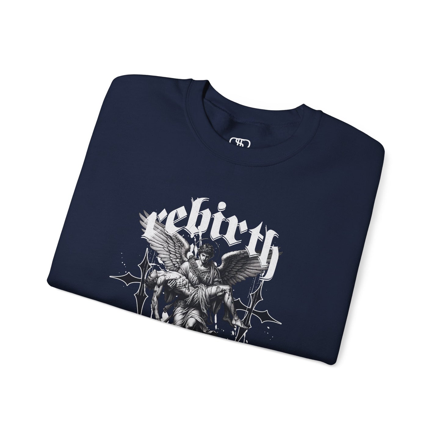 A folded Navy Sweater featuring an Angel carrying a figure with "Rebirth" text, white and black gothic spiritual art apparel.