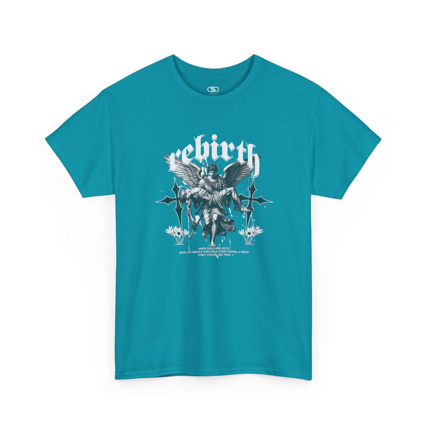 A sapphire blue T-shirt featuring a Angel carrying a figure with "Rebirth" text, white and black gothic spiritual art t-shirt.