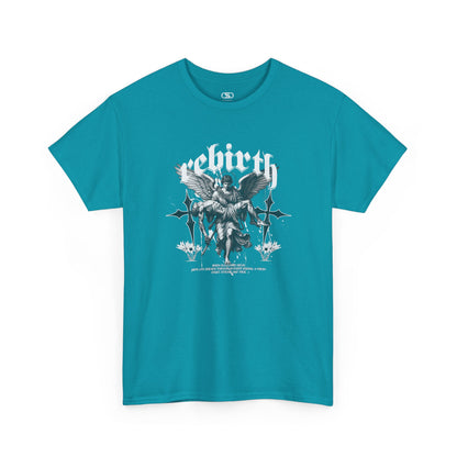 A sapphire blue T-shirt featuring a Angel carrying a figure with "Rebirth" text, white and black gothic spiritual art t-shirt.