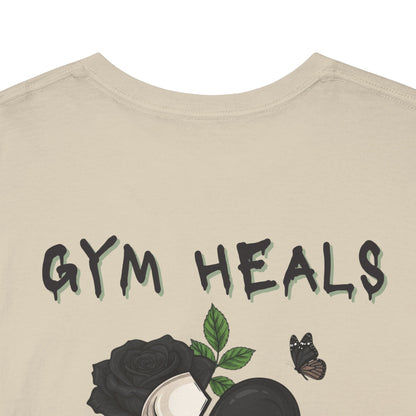 "Gym Heals" Broken Heart Skull Rose Tee in Black