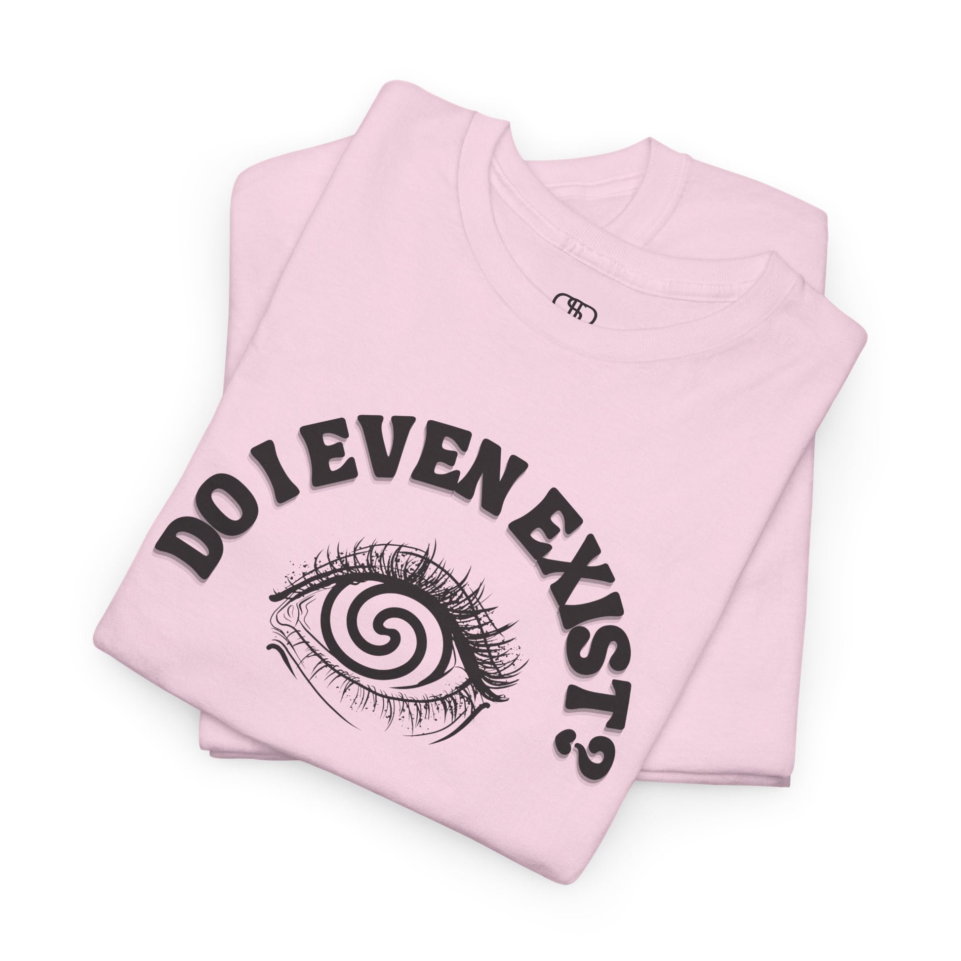 Folded Light Pink T-shirt with an eyeball and a mind-bending optical illusion and the text "Do I even exist?"