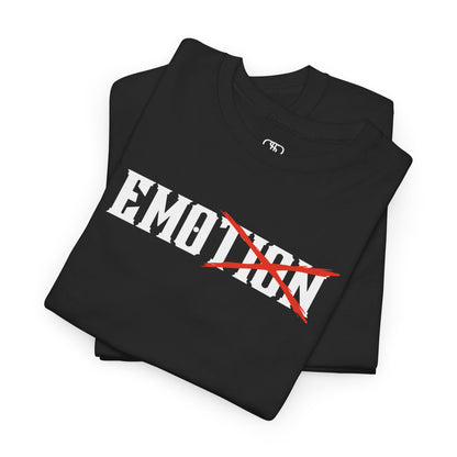  A minimalist t-shirt featuring the word "EMOTION" with the letters 'TION' crossed out, emphasizing the word 'EMO' in a bold font.