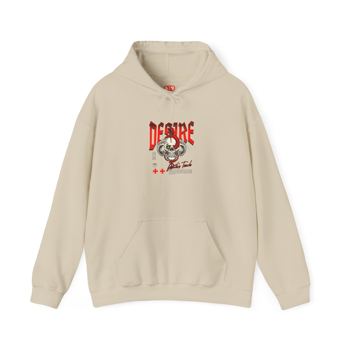 A sand hoodie featuring a Horned skull with glowing eye and red snake wrapped around it, "Desire Death's Touch" text, gothic hoodie design.