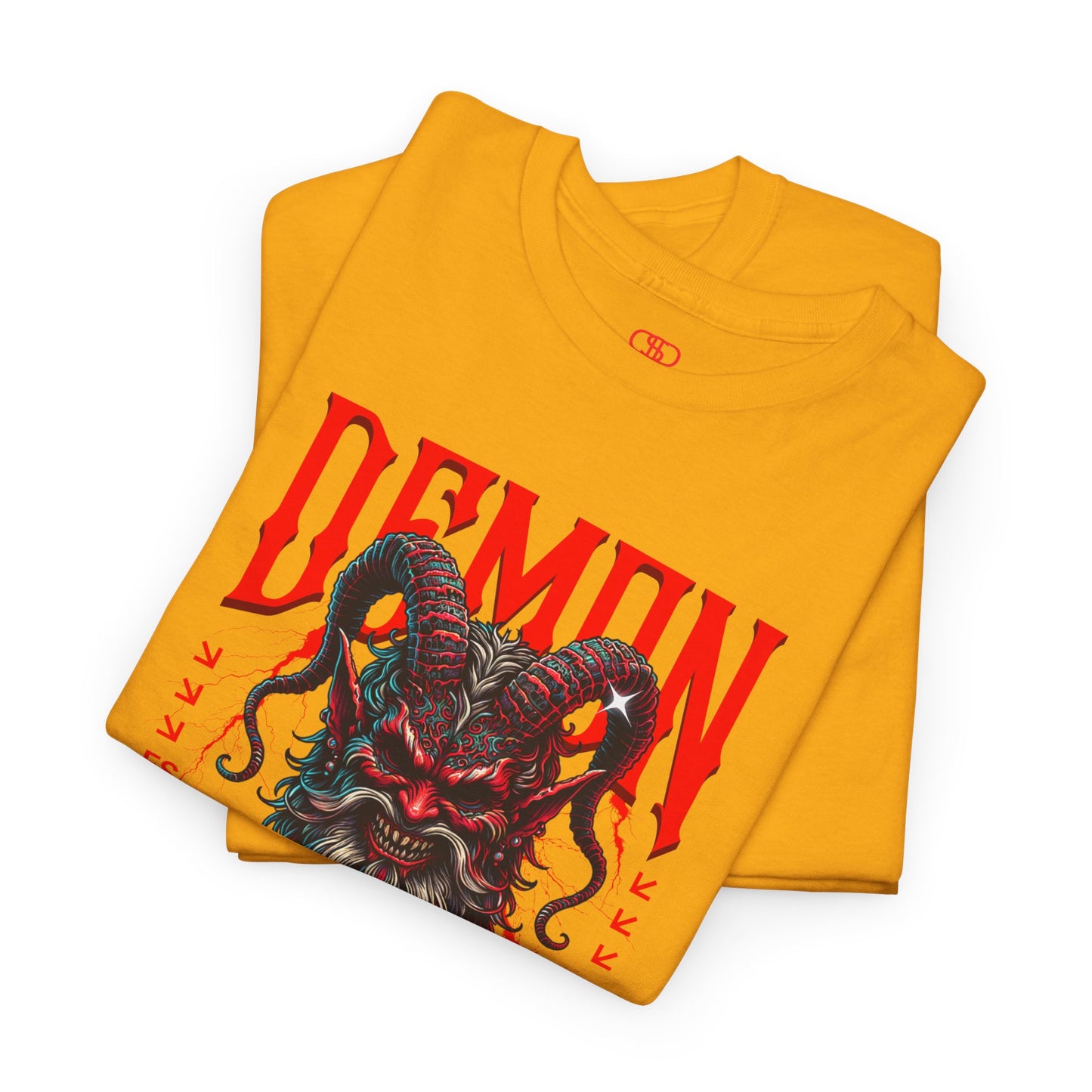 A folded gold t-shirt featuring a Red horned demon head with "Demon Wrath" text and lightning, gothic horror t-shirt design