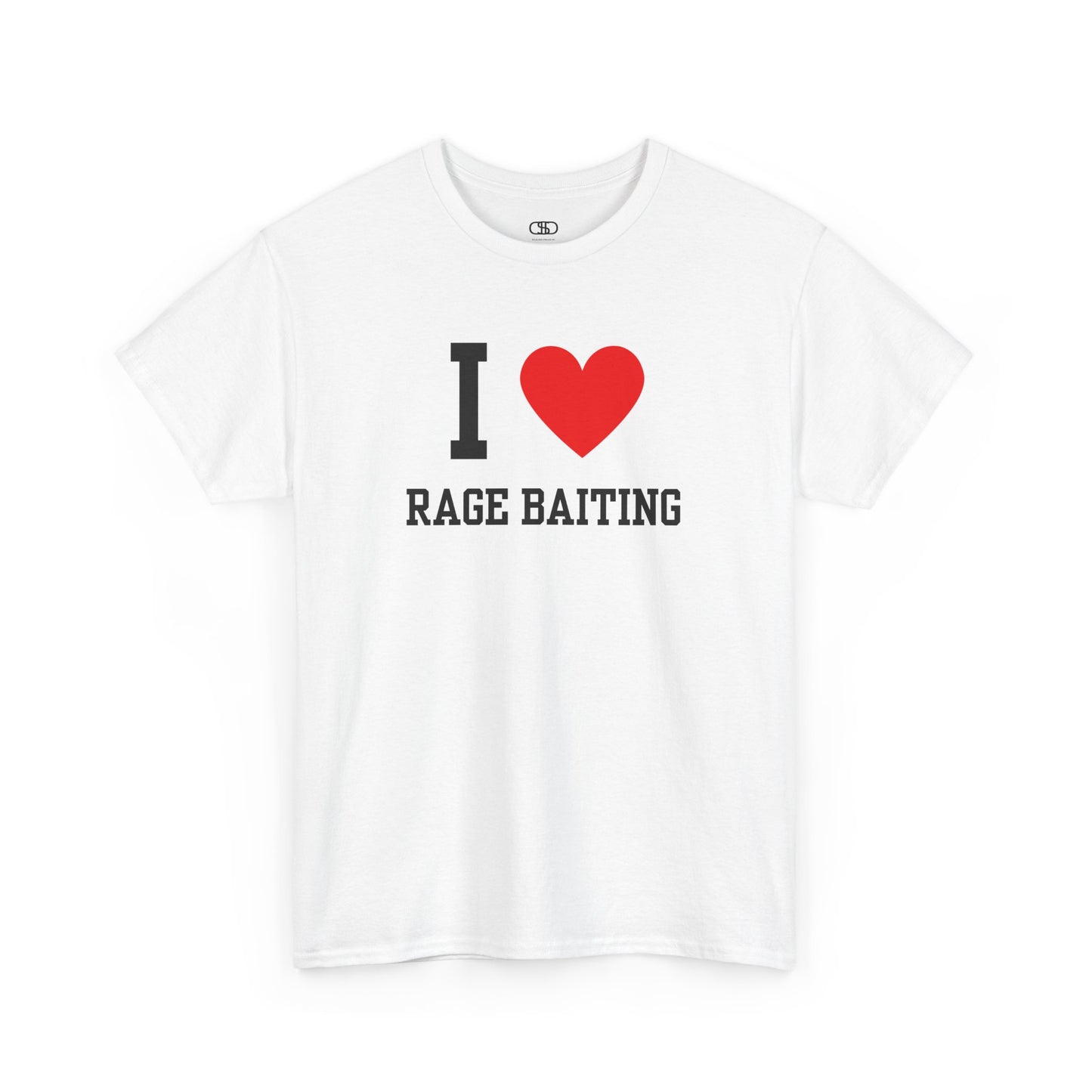 A t-shirt featuring the classic "I Love" graphic style with the text "I," a red heart, and the words "Rage Baiting" below it.