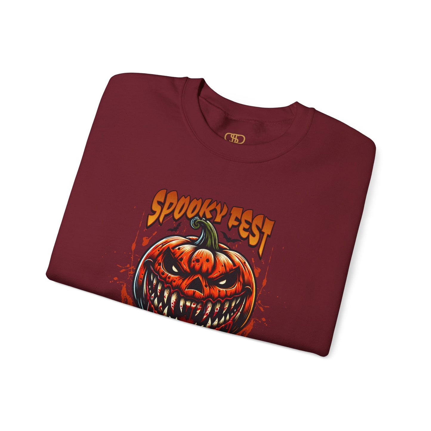 A folded garnet red sweater featuring a Scary fanged jack-o'-lantern with "Spooky Fest Halloween Your Soul Now Belongs To Me!" text, orange and black horror sweatshirt.