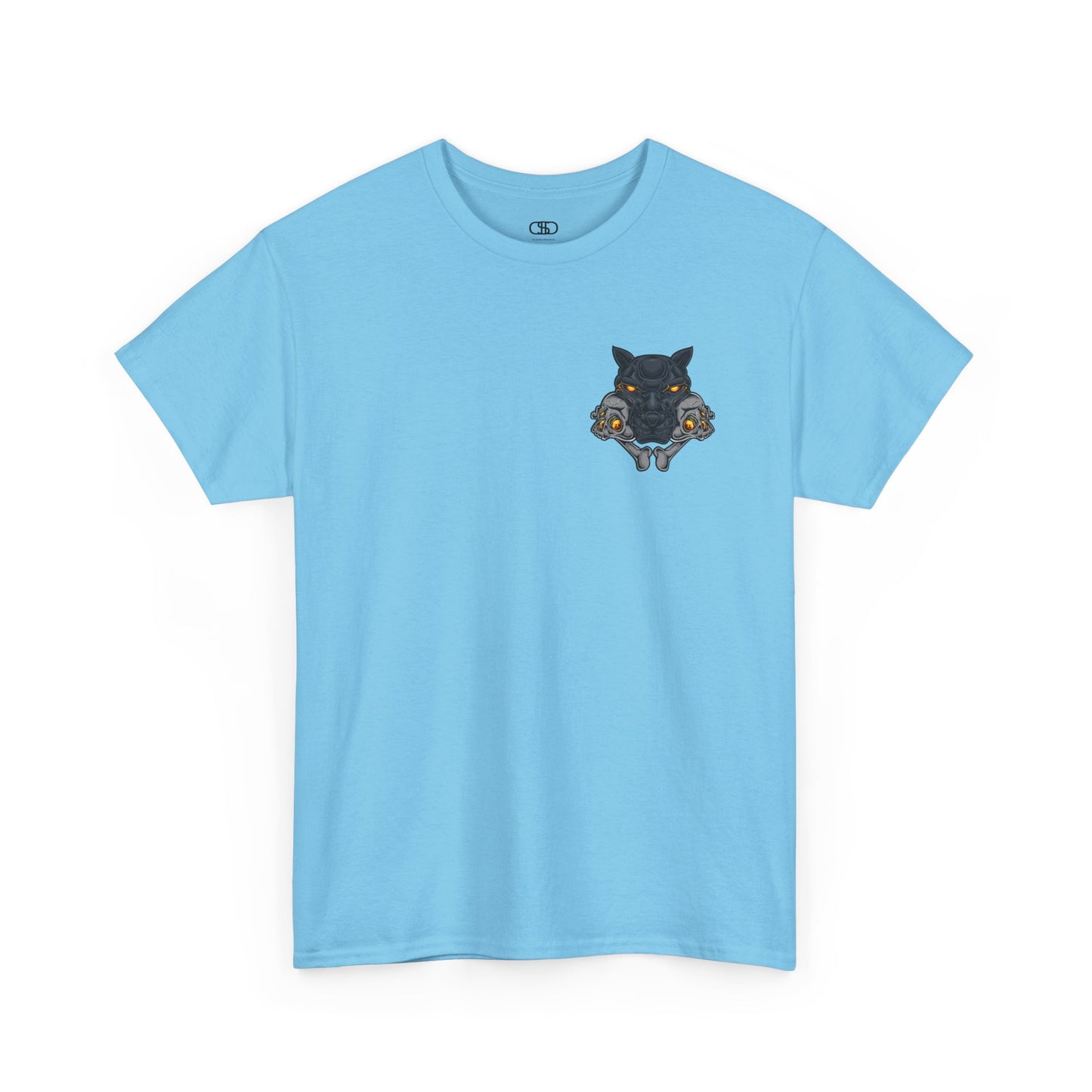 A sky blue T-shirt with a daring dog graphic biting two skulls, all with glowing molten lava-like eyes.