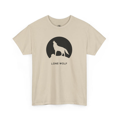 Graphic t-shirt with a black silhouette of a wolf howling on a mountain peak, with the words 'lone wolf' underneath.