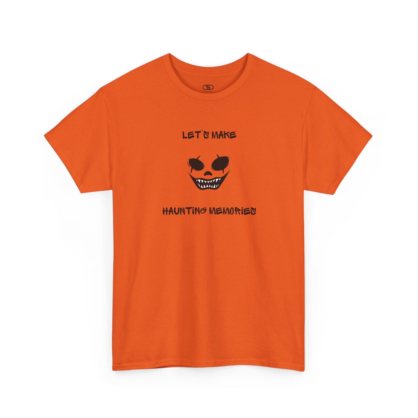 An orange T-shirt with a daring clown graphic with sharp teeth and scars, and "Let’s Make Haunting Memories" text.