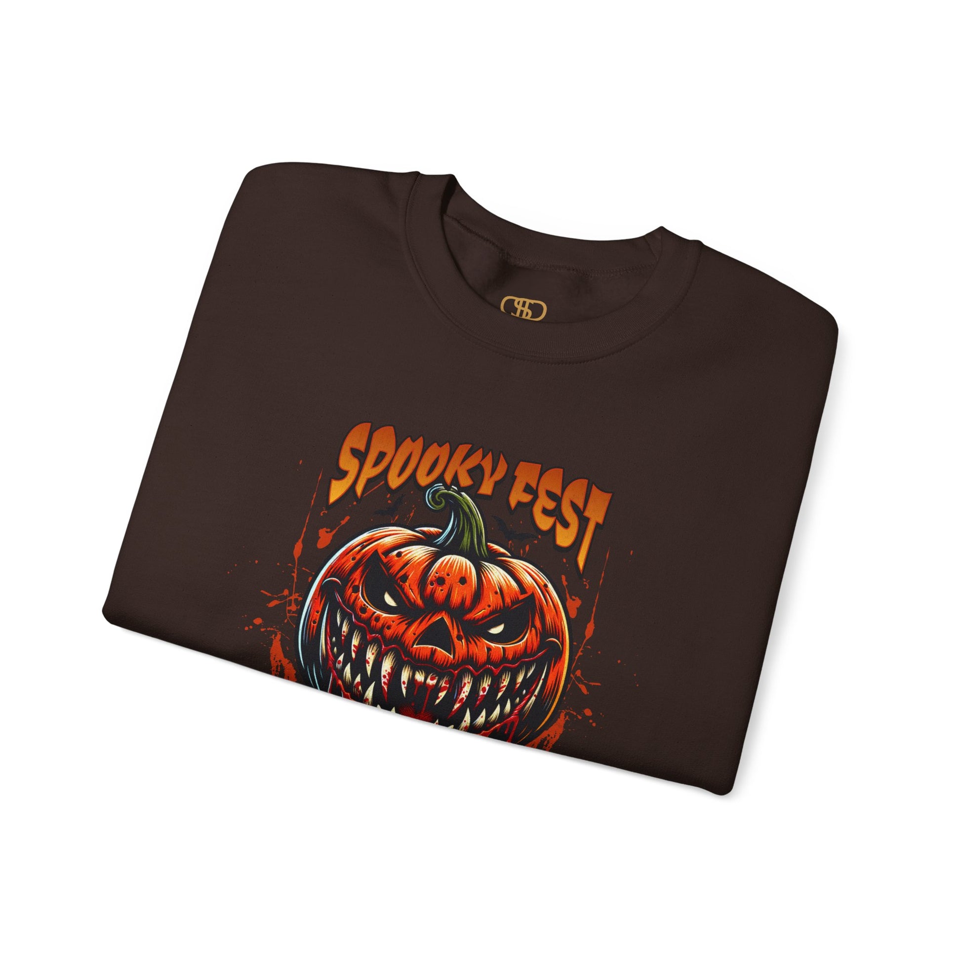 A folded dark brown sweater featuring a Scary fanged jack-o'-lantern with "Spooky Fest Halloween Your Soul Now Belongs To Me!" text, orange and black horror sweatshirt.