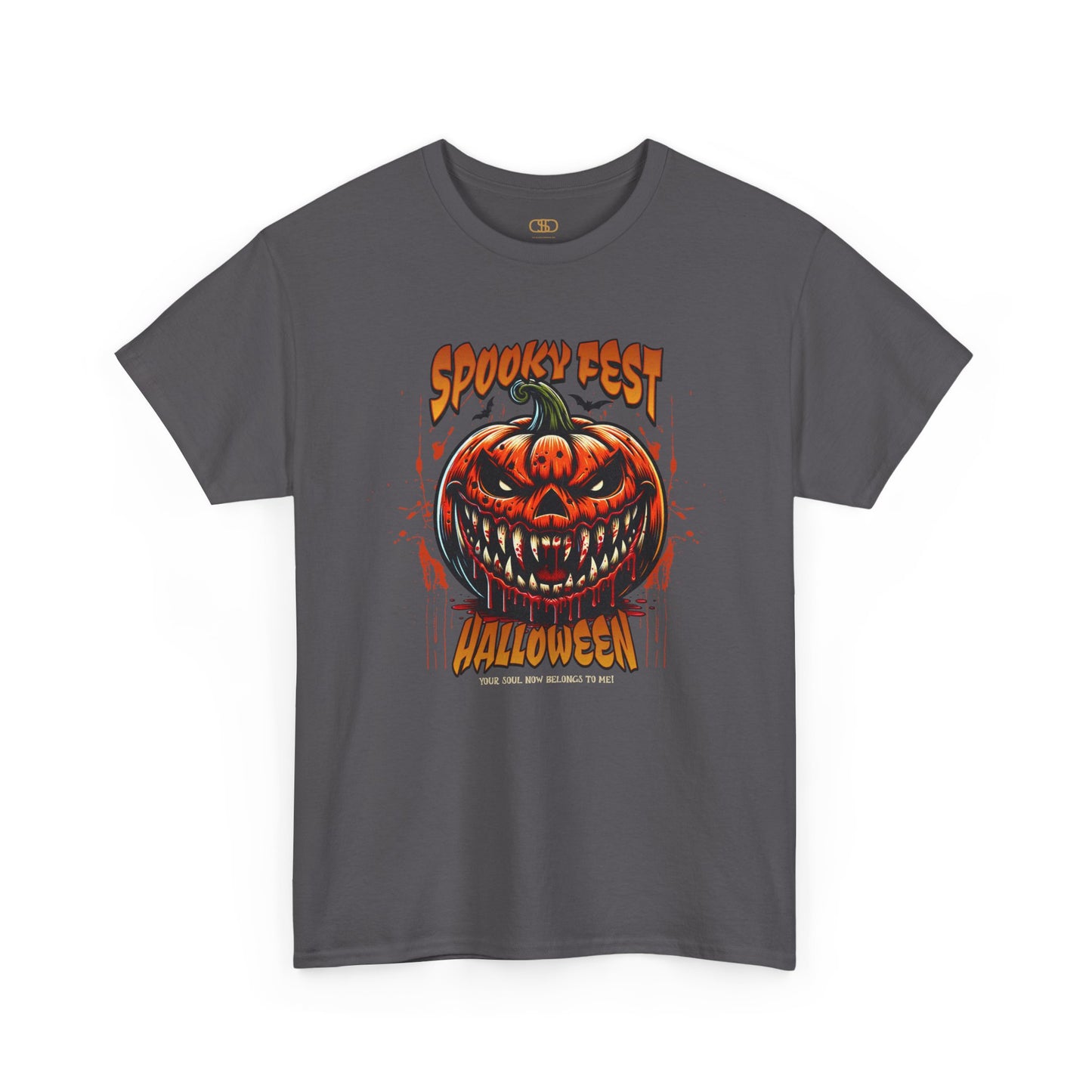 A charcoal t-shirt featuring a Scary fanged jack-o'-lantern with "Spooky Fest Halloween Your Soul Now Belongs To Me!" text, orange and black horror t-shirt.