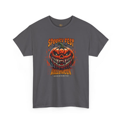 A charcoal t-shirt featuring a Scary fanged jack-o'-lantern with "Spooky Fest Halloween Your Soul Now Belongs To Me!" text, orange and black horror t-shirt.