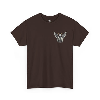  A dark brown t-shirt with a skeleton angel on the front and the phrase “Shh. No one Cares” on the back.