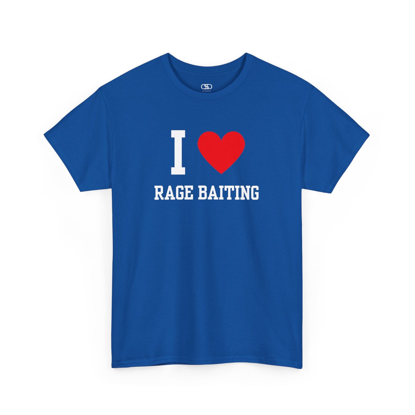 A royal blue t-shirt featuring the classic "I Love" graphic style with the text "I," a red heart, and the words "Rage Baiting" below it.