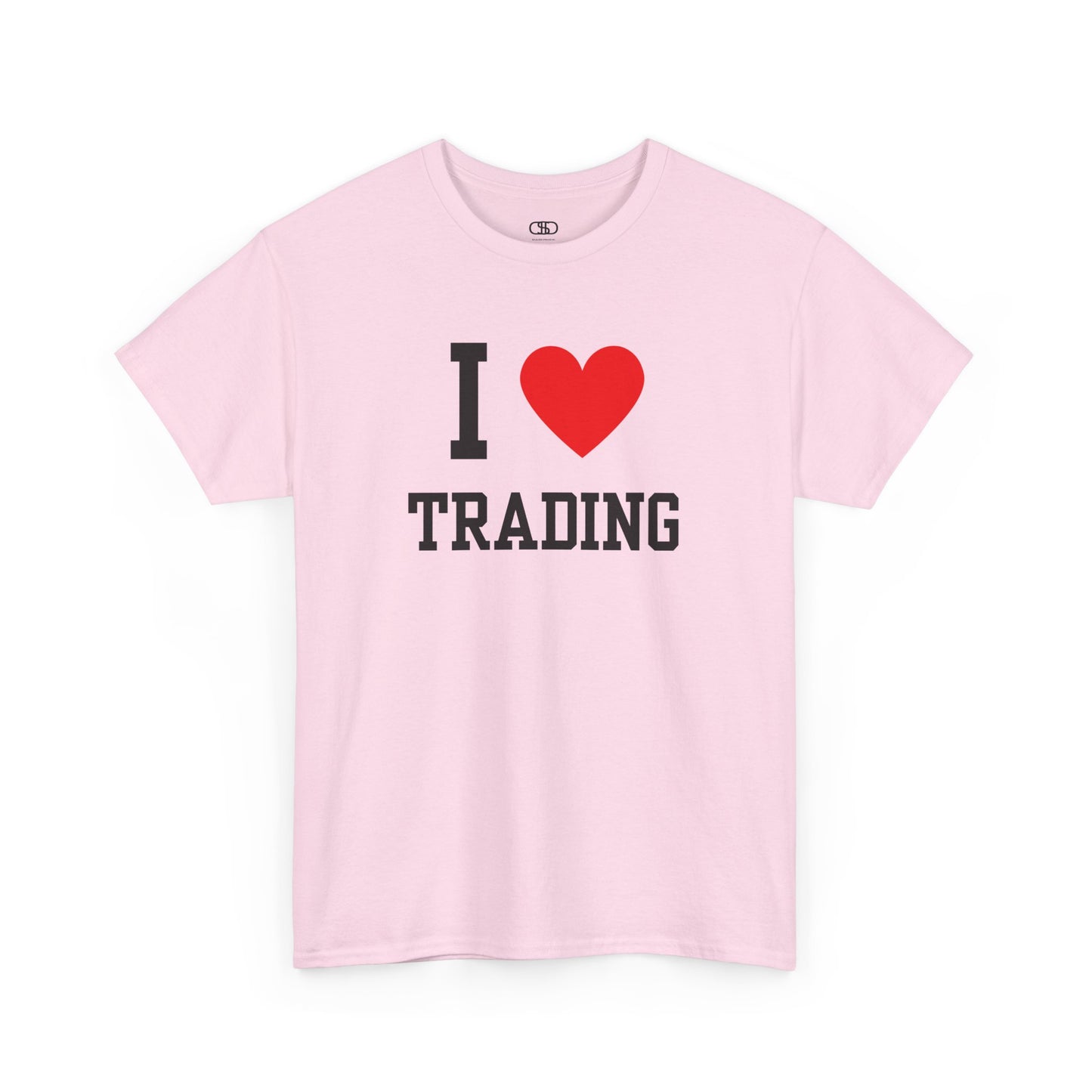 A minimalist light pink t-shirt featuring the "I Love  design with the text "I," a red heart symbol, and the word "Trading" underneath.