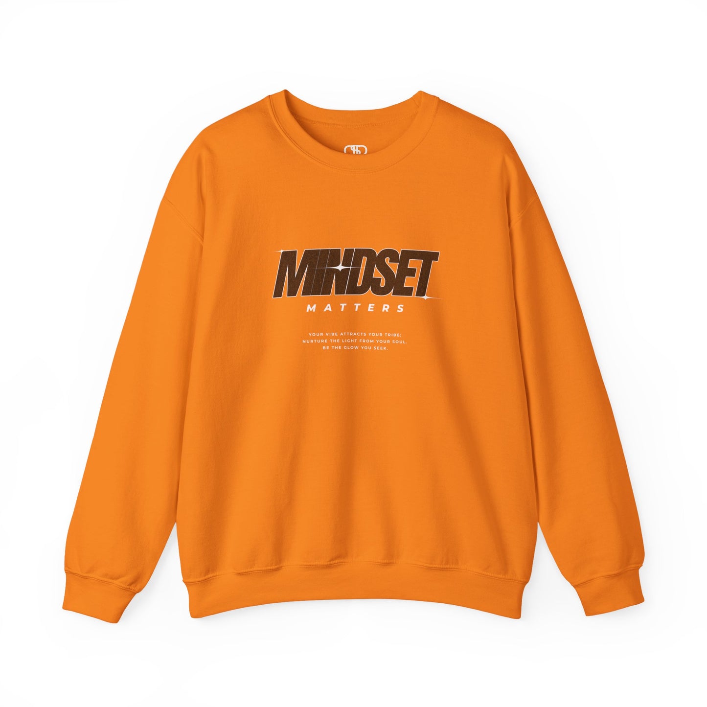An orange sweater "Mindset Matters" text with stars on a sweater, inspirational quote below the main quote. 