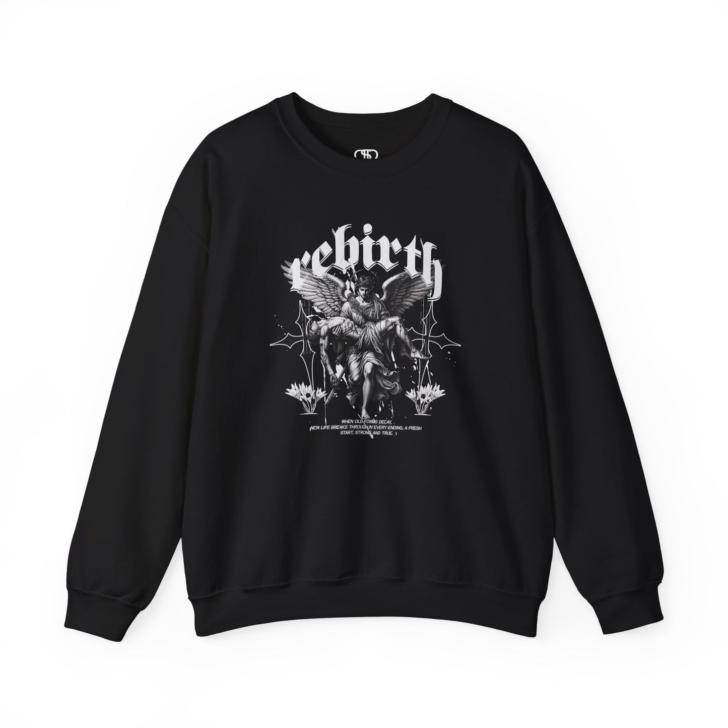 A black Sweater featuring an Angel carrying a figure with "Rebirth" text, white and black gothic spiritual art apparel.