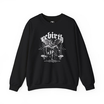 A black Sweater featuring an Angel carrying a figure with "Rebirth" text, white and black gothic spiritual art apparel.