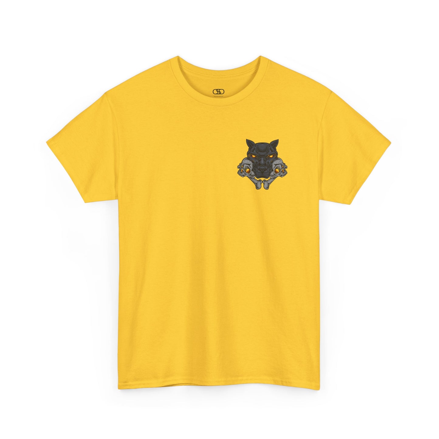 A Daisy Yellow T-shirt with a daring dog graphic biting two skulls, all with glowing molten lava-like eyes.
