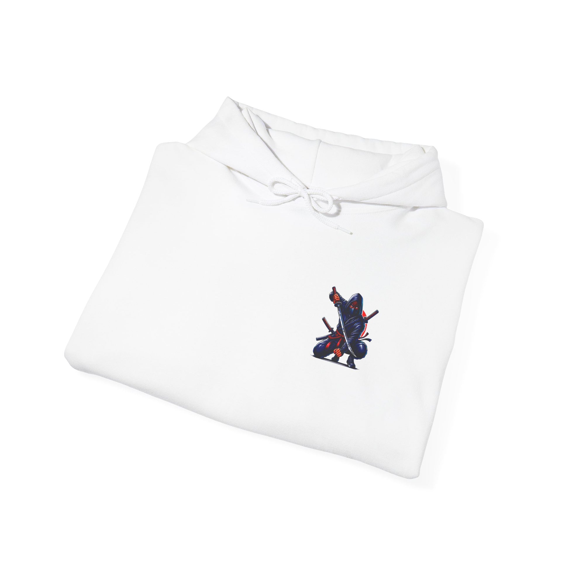 A white folded hoodie featuring a Crouching ninja with two katanas and "Bushido" text, red and black Japanese-inspired hoodie design.