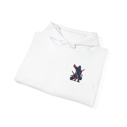 A white folded hoodie featuring a Crouching ninja with two katanas and "Bushido" text, red and black Japanese-inspired hoodie design.