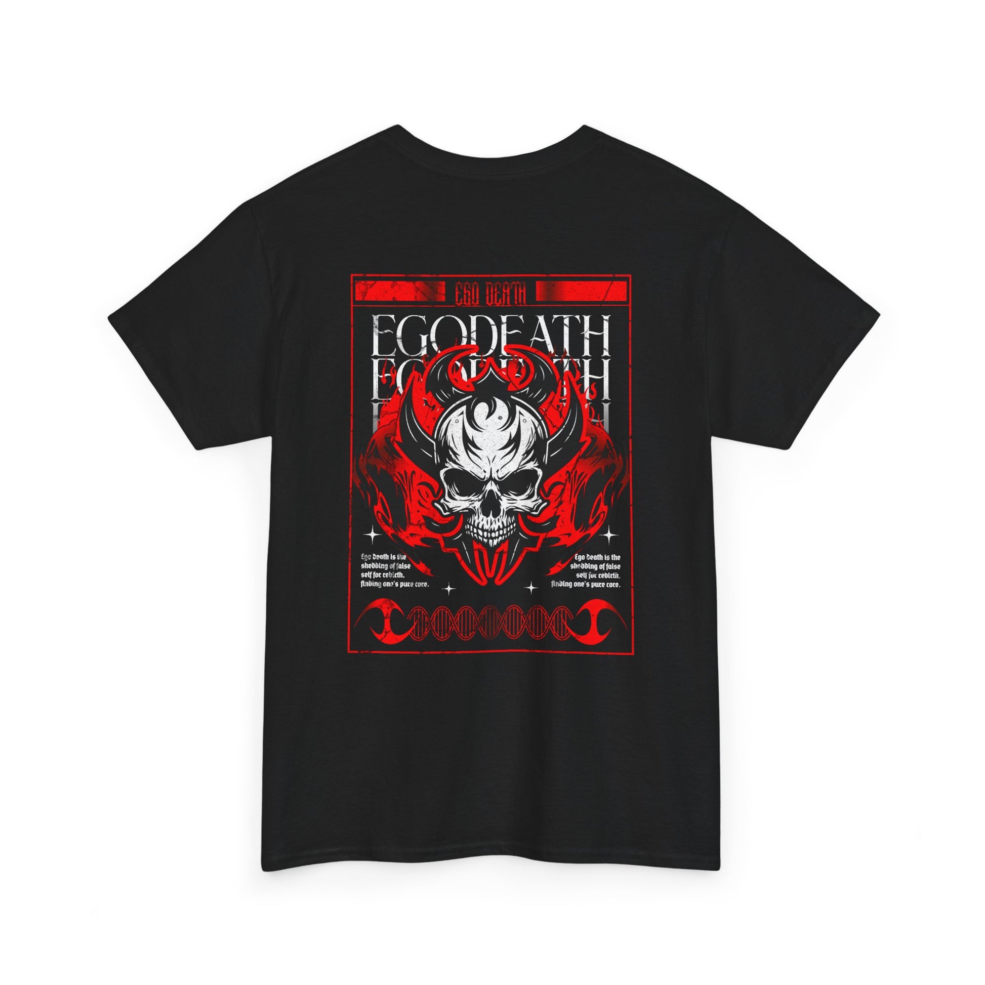  A Black t-shirt with a gothic skull design, red ghostly aura, and "Ego Death" text for spiritual rebirth.
