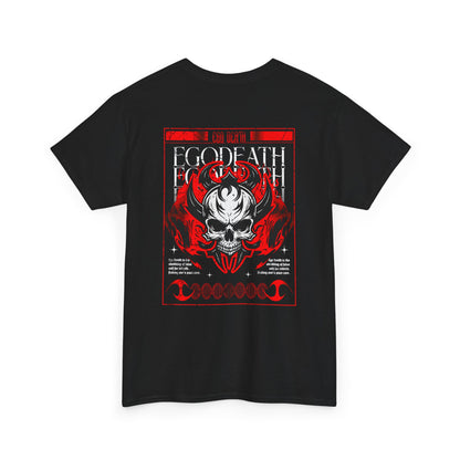  A Black t-shirt with a gothic skull design, red ghostly aura, and "Ego Death" text for spiritual rebirth.