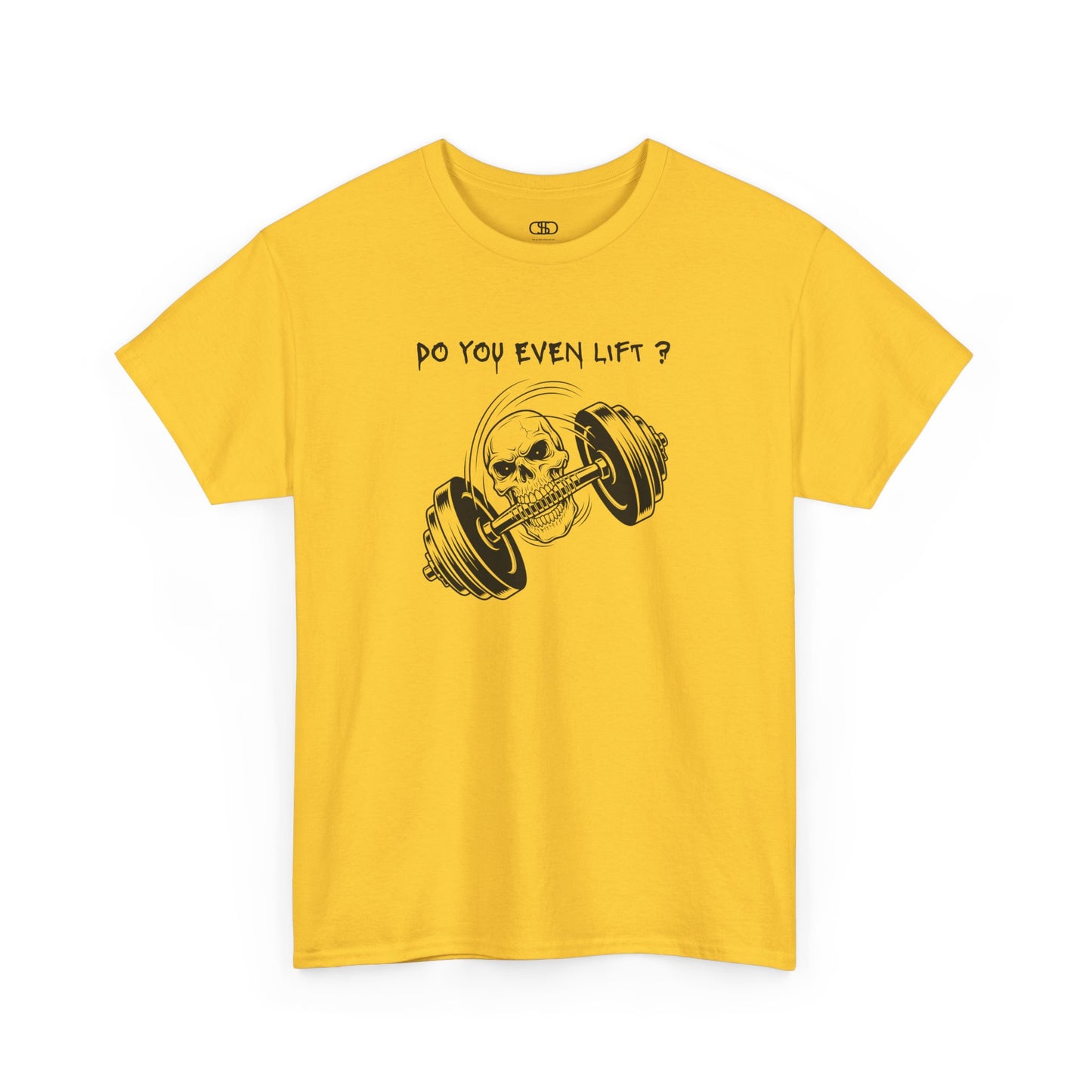 Daring daisy gym shirt with a dynamic illustration of a skull grappling a barbell with its teeth, text above reads "Do you Even Lift?"