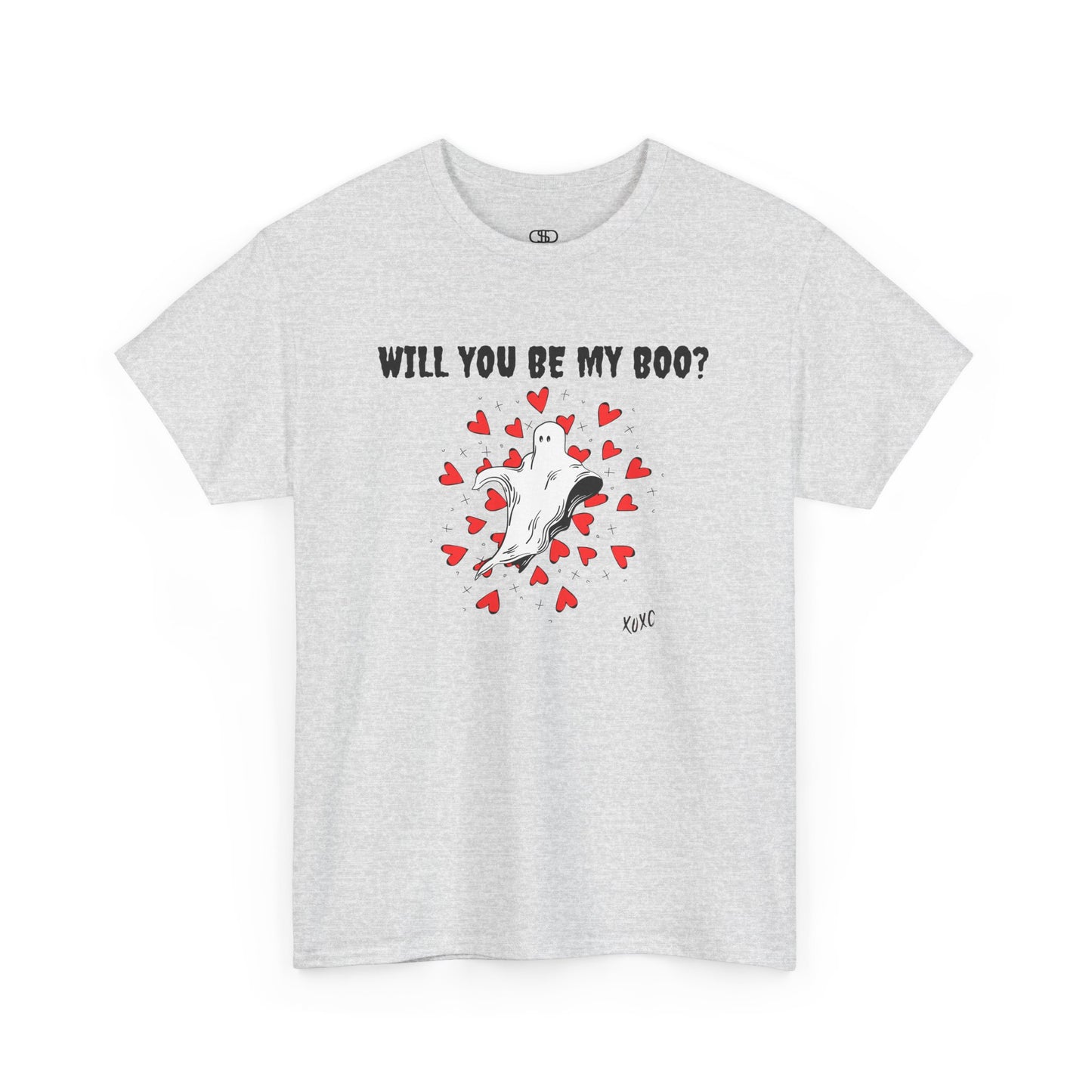  A t-shirt featuring a cute floating ghost surrounded by bursting hearts. At the top of the design, the text reads, "Will You Be my Boo?"