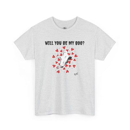  A t-shirt featuring a cute floating ghost surrounded by bursting hearts. At the top of the design, the text reads, "Will You Be my Boo?"