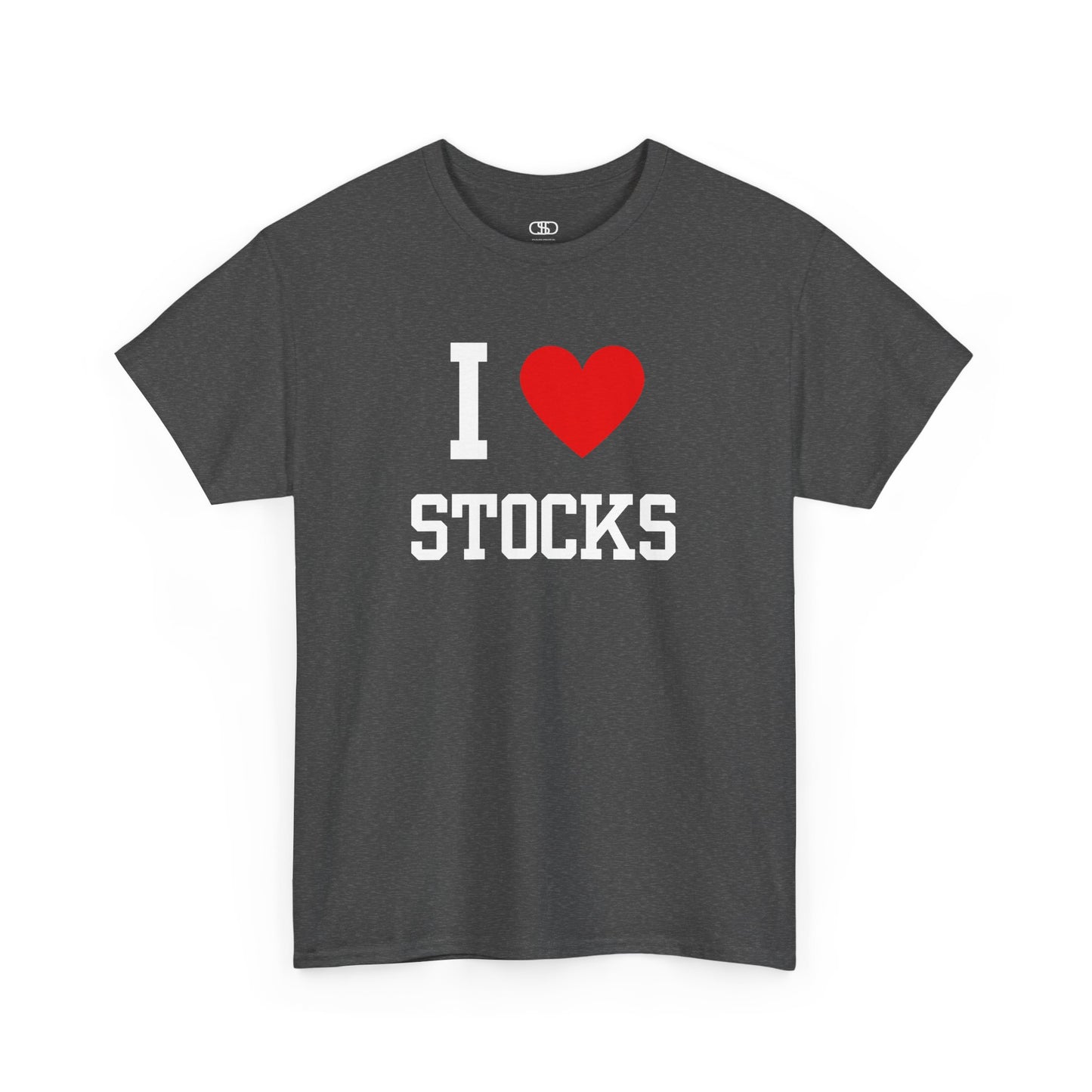 A dark heather t-shirt displaying the text "I," a red heart graphic symbolizing love, and the word "Stocks" in a classic, bold typeface.