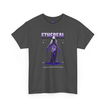 A dark heather t-shirt with a glowing purple ethereal ghostly figure in a robe, surrounded by mystic violet liquid and "Ethereal" text.