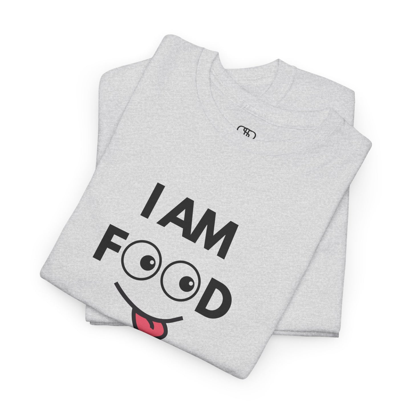 An ash gray folded T-shirt with "I AM FOOD" text, where the 'OO' are cartoon eyes, and a tongue-out graphic.